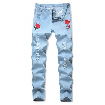 

Floral Embroidery Ripped Design Jeans, Light blue