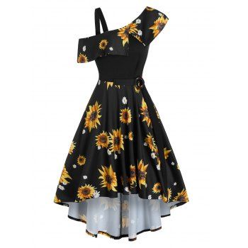 

Printed Sunflower O Ring Belt A Line Dress, Black