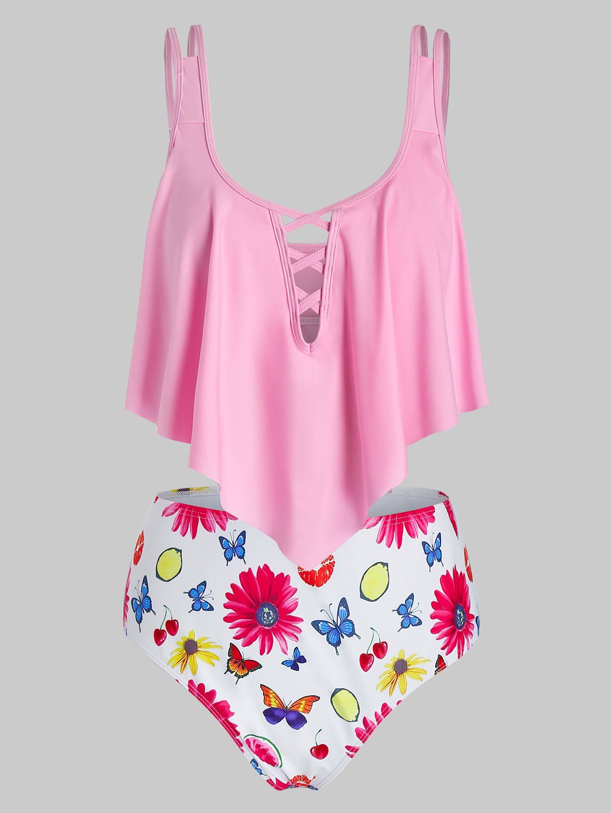Plus Size Lattice Flounce Butterfly Flower Print Tankini Swimwear - LIGHT PINK 5X
