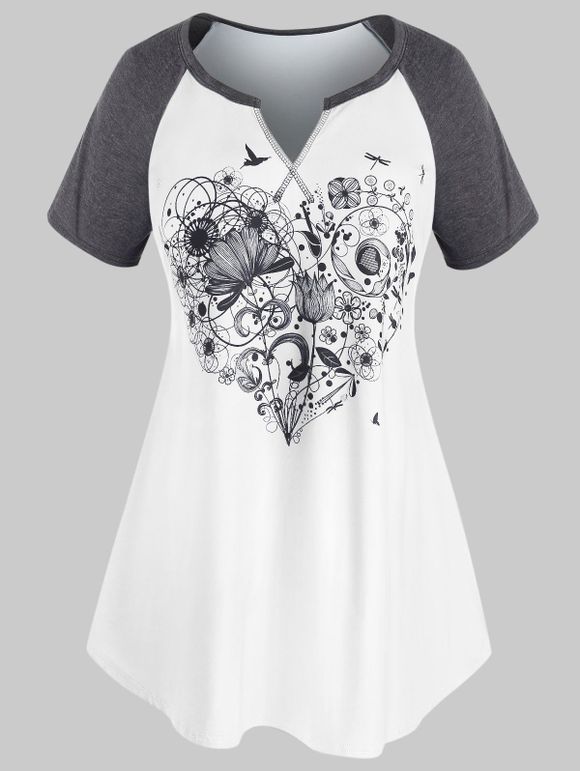 T-shirt Cœur Fleuri Imprimé de Grande Taille à Manches Raglan - Blanc 3X