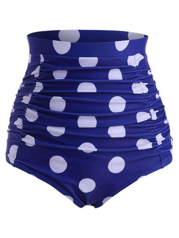 Retro Polka Dot Ruched High Waisted Bikini Bottom - BLUE S