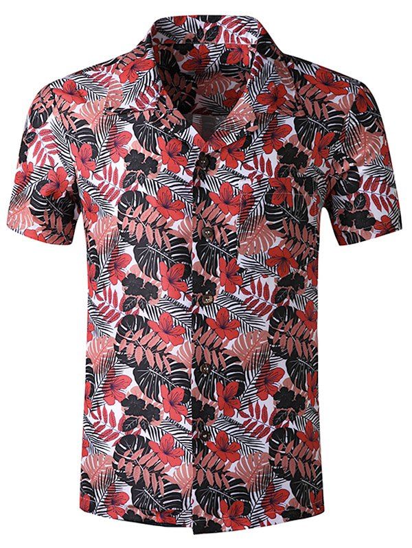 Tropical Leaf Print Pocket Beach Shirt - multicolor S