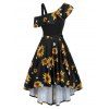 Vacation Printed Sunflower O Ring Belt Skew Neck A Line High Low Dress - BLACK XL