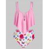 Maillot de Bain Tankini à Imprimé Fleur et Papillon en Treillis de Grande Taille à Volants - Rose clair L