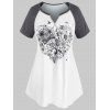 T-shirt Cœur Fleuri Imprimé de Grande Taille à Manches Raglan - Blanc 3X