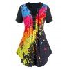 T-shirt Peinture Eclaboussée Manches à Revers de Grande Taille à Lacets - Noir 5X
