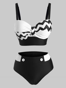 Zig Zag Push Up Mock Button Tankini Swimwear