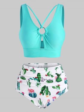 Vacation Swimsuit Cactus Print O Ring Cut Out Ruched Tankini Swimwear