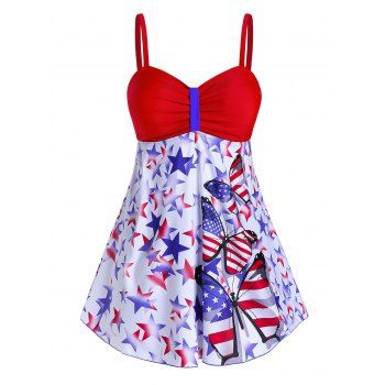 

Plus Size American Flag Butterfly Print Tankini Swimwear, Red