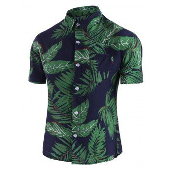 

Leaf Print Pocket Beach Shirt, Multicolor a