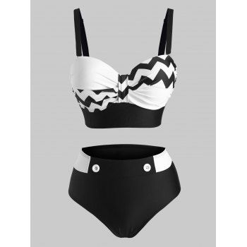 

Zig Zag Push Up Mock Button Tankini Swimwear, Black