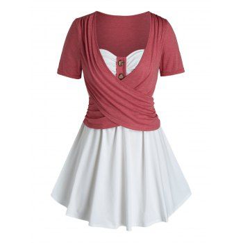 

Plus Size Two Tone Crossover Ruched Short Sleeve Tee, Valentine red
