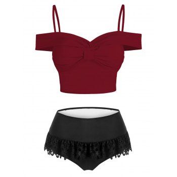 Image of Bow Detail Lace Insert Padded Two Piece Swimsuit