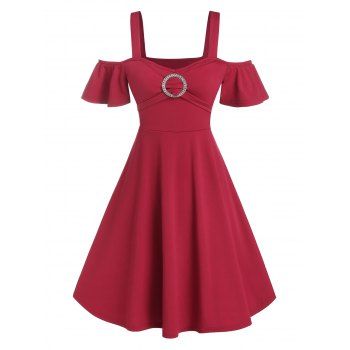 

Rhinestone O-ring Cold Shoulder Flare Dress, Red wine