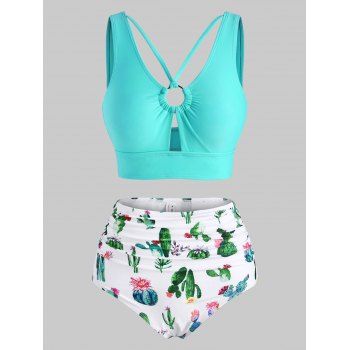 Vacation Swimsuit Cactus Print O Ring Cut Out Ruched Tankini Swimwear