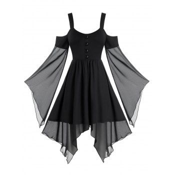 

Plus Size Mesh Open Shoulder Handkerchief Bell Sleeve Dress, Black