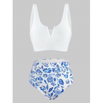 

V-wired Reversible Blue And White Printed Tankini Swimwear