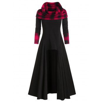 

Plaid Print Convertible High Low Long T-shirt, Black