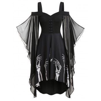 

Skeleton Print Butterfly Sleeve High Low Dress, Black