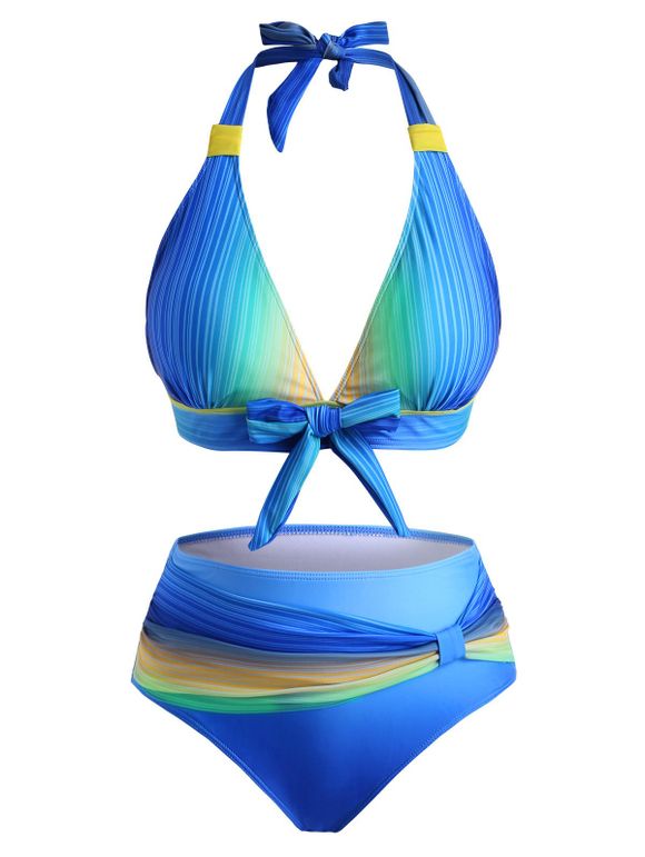 Maillot de Bain Bikini Rayé Ombré Noué au Dos de Grande Taille - Jaune 5XL