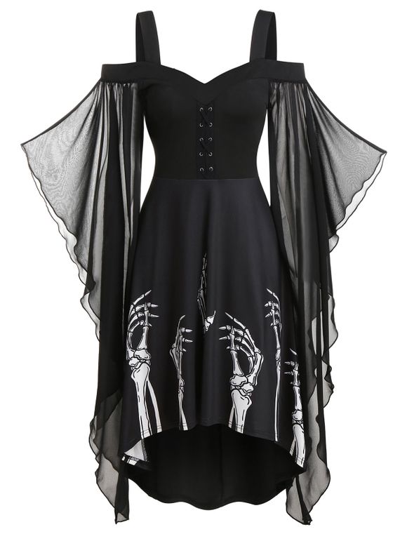 Robe Haute-Basse à Imprimé Squelette à Manches Papillon - Noir 3XL