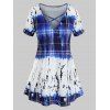 T-shirt Croisé Teinté à Carreaux de Grande Taille - Bleu Cobalt 4X