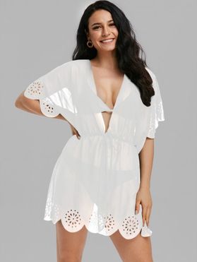 Laser Cut Sheer Cover Up Scalloped Drawstring Tunic Beach Top