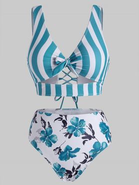Vacation Tankini Swimwear Striped Floral Print Swimsuit Bowknot Lace-up Crisscross Cut Out Beach Bathing Suit