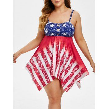 

Plus Size American Flag Print Handkerchief Tankini Swimwear, Blueberry blue