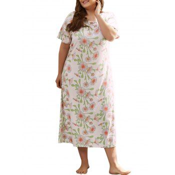 

Plus Size Tea Length Flower Print Pajama Dress, White