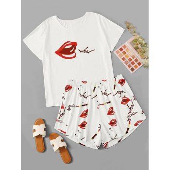 

Lips Print Plus Size Short Pajama Set, White