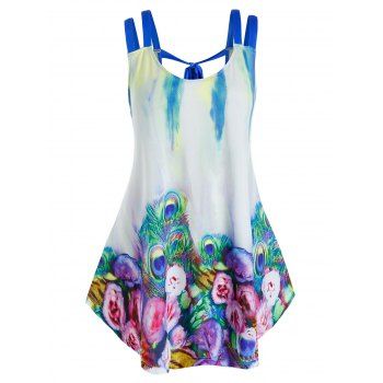 

Plus Size Tie Dye 3D Flower Peacock Feather Tie Tunic Tank Top, Blue