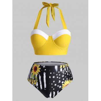 Women Plus Size Patriotic American Flag Sunflower Push Up Tankini Swimwear Swimsuit Beachwear 4x Yellow