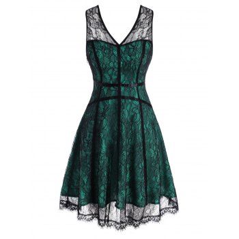 

Lace Overlay Scalloped V Neck Dress, Light green