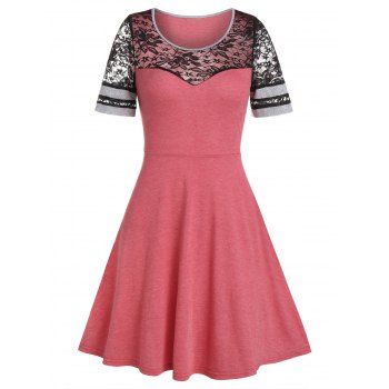 

Lace Panel High Waist Round Neck Dress, Pink