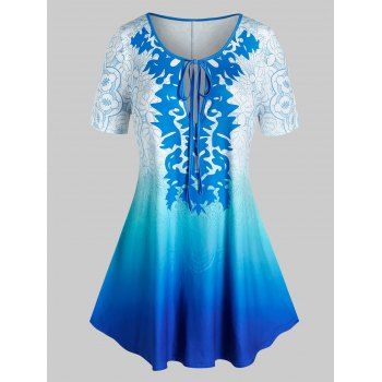 

Plus Size Ombre Color Self Tie T Shirt, Blue koi