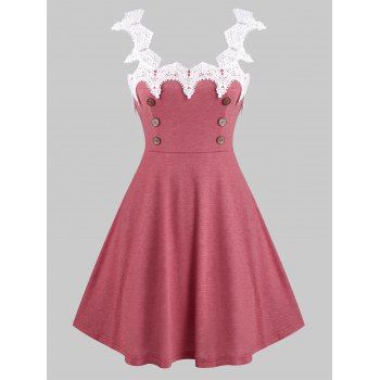 

Sleeveless Lace Insert Mock Button Flare Dress, Rose
