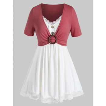 

Plus Size Lace Panel Frilled Two Tone Tunic Tee, Multicolor