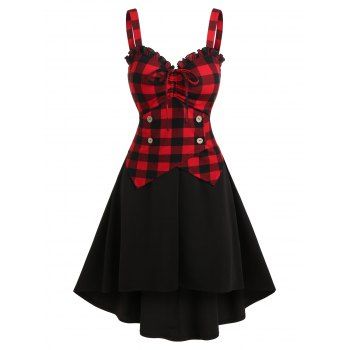 

Plaid Button Ruffle High Low Dress, Black