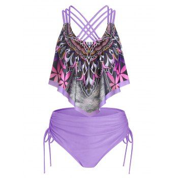 

Bohemian Swimsuit Floral Plaid Print Cinched Tummy Control Tankini Swimwear, Light purple