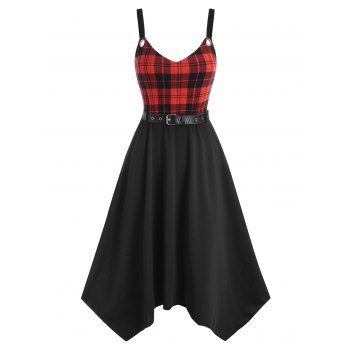 

Plaid Belted Grommet Handkerchief Dress, Black