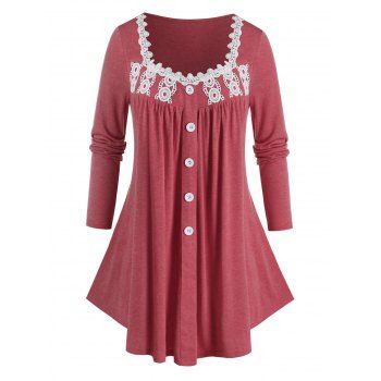 

Plus Size Applique Panel Long Sleeve Tunic Tee, Red