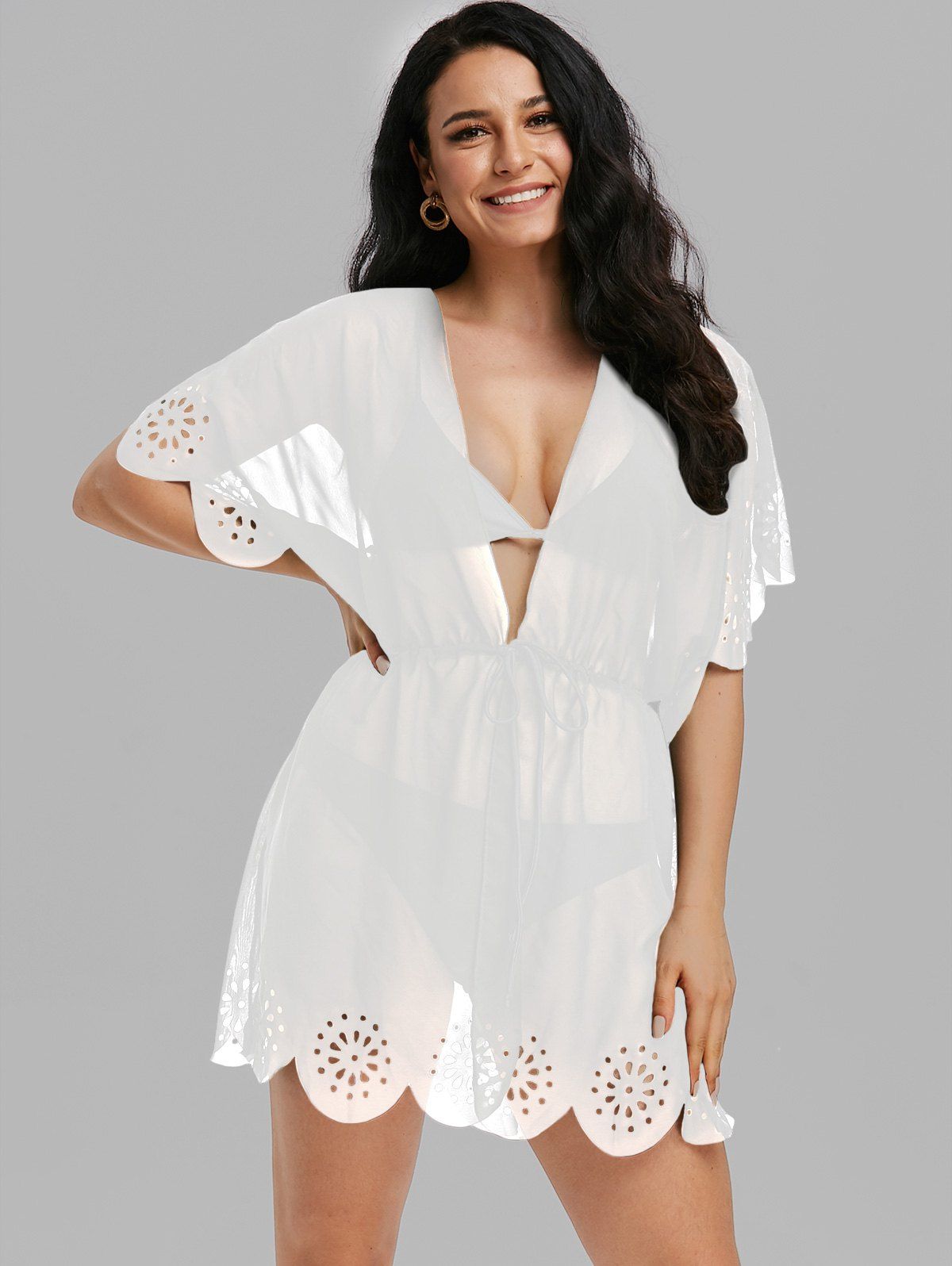 Sheer Cover Up Laser Cut Out Scalloped Plunging Neck Bat Sleeve Tunic Beach Top - WHITE 2XL