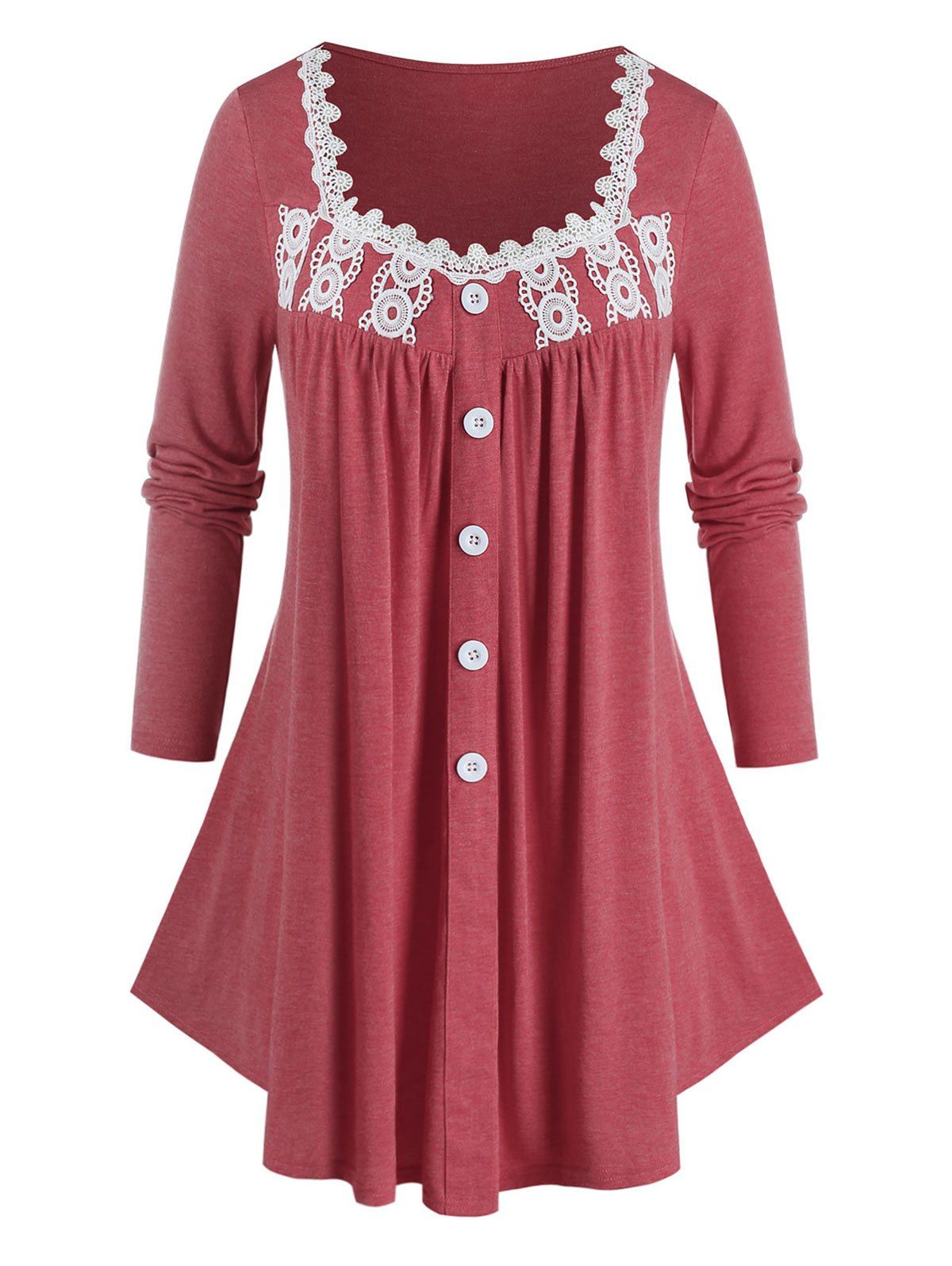 Plus Size Applique Panel Long Sleeve Tunic Tee - RED 4X