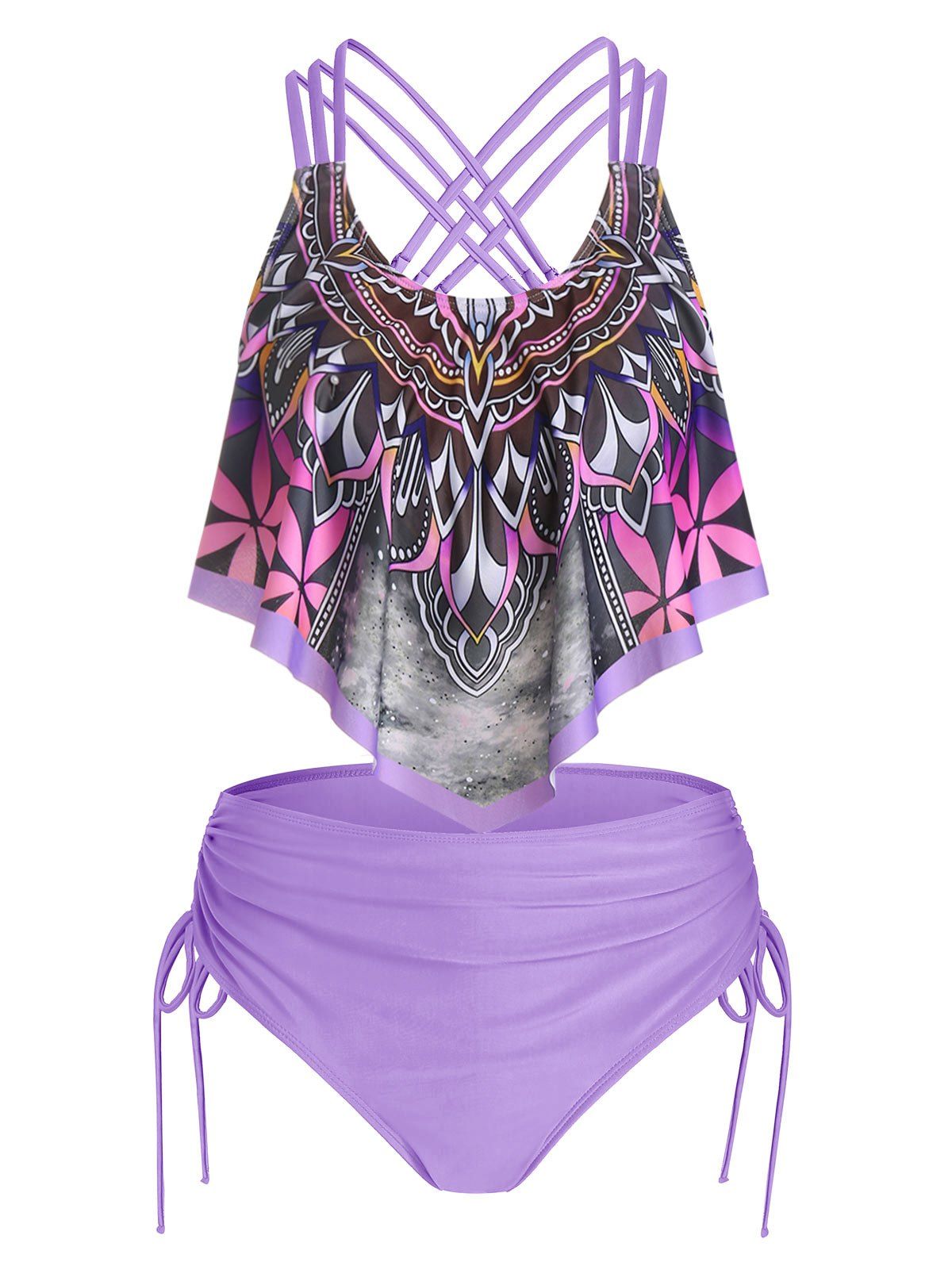 Bohemian Tankini Swimsuit Floral Plaid Print Swimwear Cinched Crisscross Tummy Control Bathing Suit - LIGHT PURPLE M