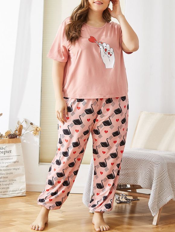 Ensemble de Pantalon Pyjama Cœur Imprimé à Manches Courtes de Grande Taille - Rose clair 4XL
