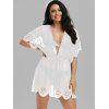 Sheer Cover Up Laser Cut Out Scalloped Plunging Neck Bat Sleeve Tunic Beach Top - WHITE XL