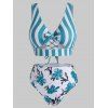 Vacation Tankini Swimwear Striped Floral Print Swimsuit Bowknot Lace-up Crisscross Cut Out Beach Bathing Suit - BLUE M