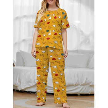 

Plus Size Funny Dinosaur Print Short Sleeve PJ Set, Deep yellow