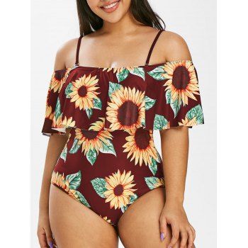

Plus Size Sunflower Print Ruffled One-piece Swimsuit, Deep red